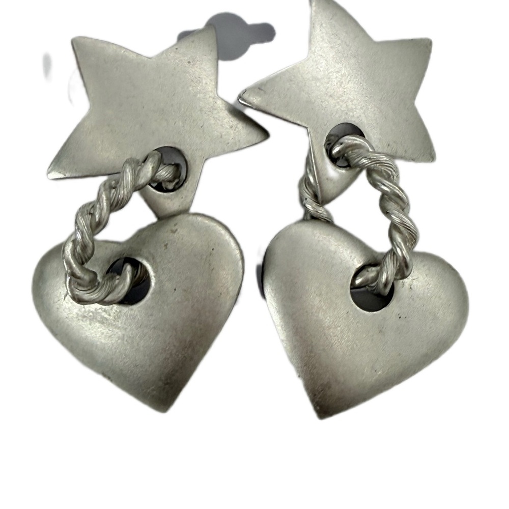 Vintage Big Metal Star Heart Dangle Earrings Silver Tone Made in USA Gift Style